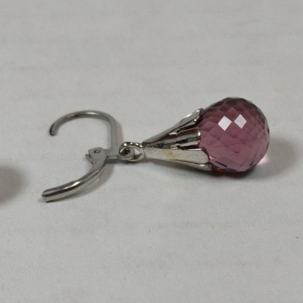Silver Tone Metal Purple Pink Glass Faceted Stone Teardrop Drop Fashion Earrings - Picture 12 of 14